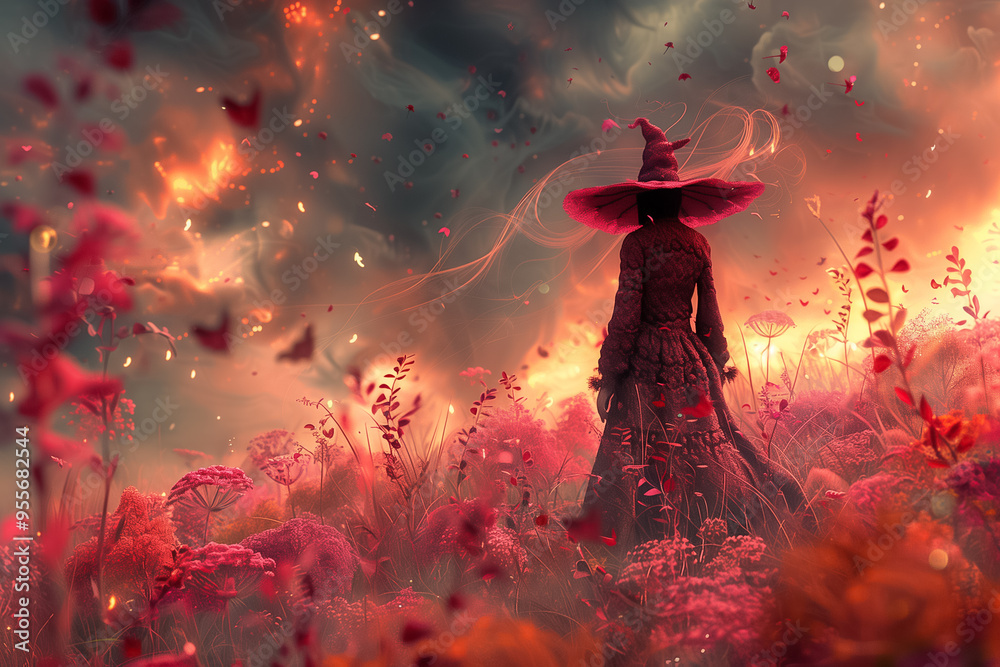 A witch in a flowing dress stands amidst a vivid, enchanting field filled with pink and red flora, as swirling magic and autumn leaves create a mystical atmosphere during Halloween A witch in a flowing dress stands amidst a vivid, enchanting field filled with pink and red flora, as swirling magic and autumn leaves create a mystical atmosphere during Halloween