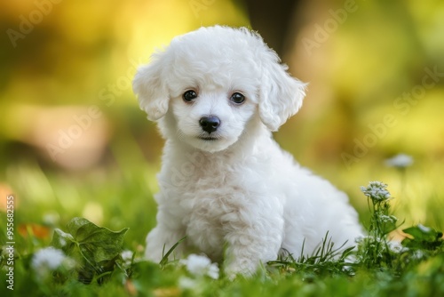 French Poodle Dog. Cute White Puppy, Bichon Canino Breed Animal Pet