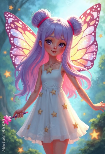 Exquisite Fairy Girl with Colorful Butterfly Wings and Lavender Hair Perfect for Fantasy Illustrations and Children’s Book Covers