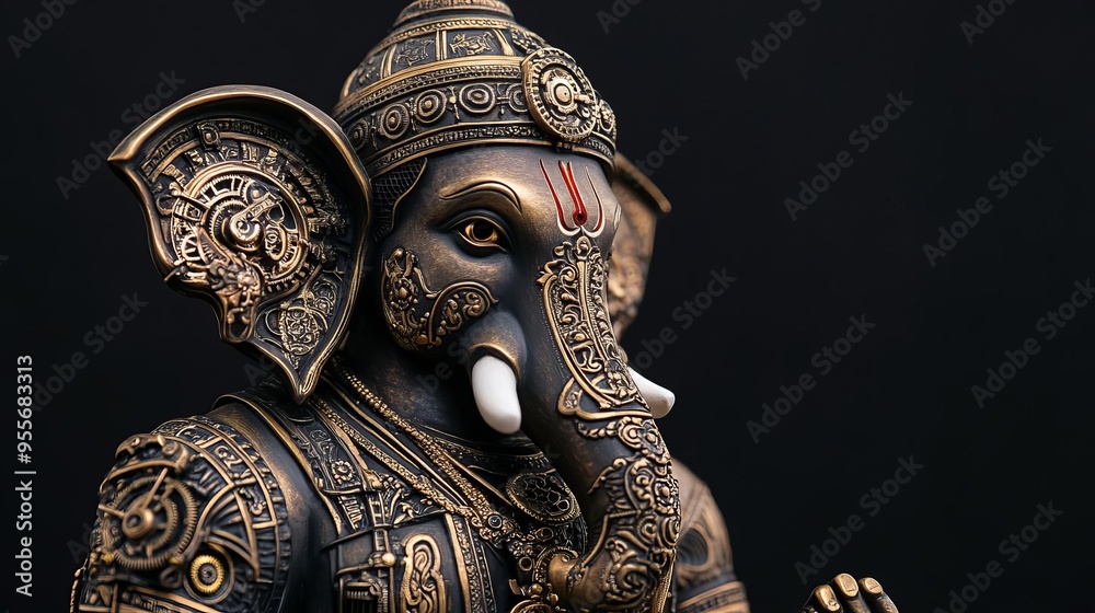 Ganesha as a clockwork statue, bronze and brass elements, intricate mechanical detailing