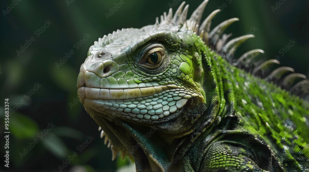 Closeup of cute green Iguana lizard, reptile, animals and wildlife in nature background