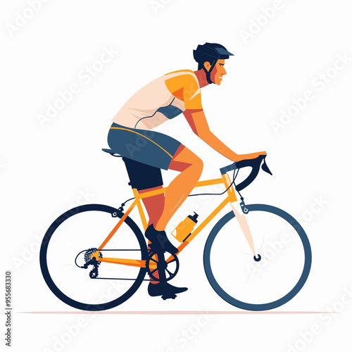 A man is riding a bicycle with a helmet on. He is wearing a yellow shirt and blue shorts