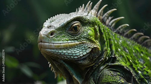 Obraz na płótnie Closeup of cute green Iguana lizard, reptile, animals and wildlife in nature background w salonie