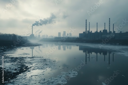 Smoke-filled skies overshadow a city skyline, as a river choked with plastic reflects the environmental crisis unfolding below. Generative AI