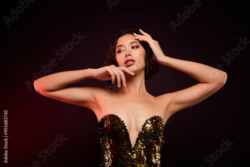 Photo of lovely luxurious elegant lady tender touch isolated on dark red color background