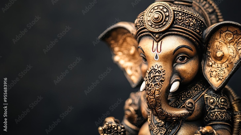 Obraz premium Ganesha with a mechanical elephant head, gears and bolts, intricate detailing in a metallic finish