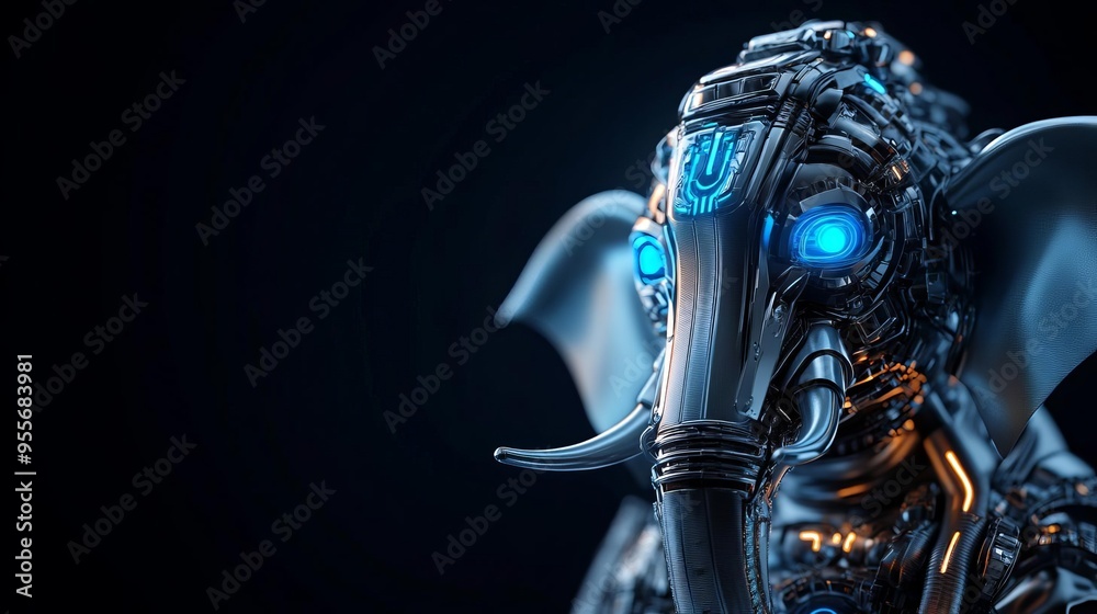 Ganesha with a mechanical elephant head, metallic textures, and glowing blue eyes, cyber deity concept