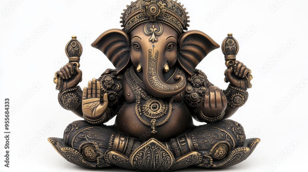 Ganesha with a mechanical lotus base, steampunk design, brass and bronze elements, intricate detailing Ganesha with a mechanical lotus base, steampunk design, brass and bronze elements, intricate detailing