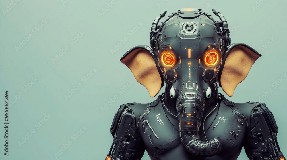 Ganesha with a mechanical trunk, robotic limbs, and glowing eyes, futuristic and cybernetic design Ganesha with a mechanical trunk, robotic limbs, and glowing eyes, futuristic and cybernetic design