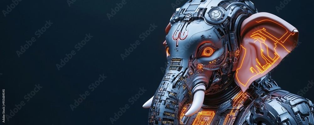 Ganesha with a metal exoskeleton, glowing circuits, and a robotic trunk, cybernetic deity concept Ganesha with a metal exoskeleton, glowing circuits, and a robotic trunk, cybernetic deity concept