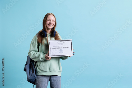 Fényképezés Portrait of smiling student holding high school diploma, celebrating passing classes with high marks, attending graduation ceremony