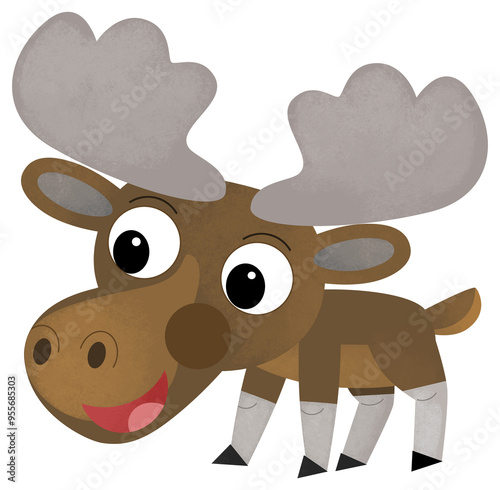 cartoon scene with moose elk forest animal on white background illustration for kids
