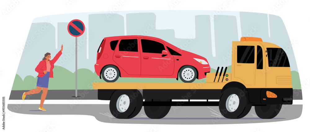 Tow Truck Towing A Red Car With An Upset Woman Chasing After It. Scene Is Set Against An Urban Background Tow Truck Towing A Red Car With An Upset Woman Chasing After It. Scene Is Set Against An Urban Background