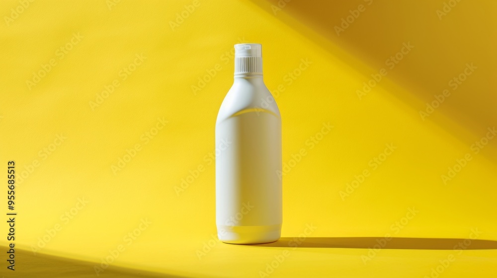 A simple white bottle is positioned on a vibrant yellow backdrop, casting a subtle shadow. The colors contrast strikingly, emphasizing the bottle's shape and design A simple white bottle is positioned on a vibrant yellow backdrop, casting a subtle shadow. The colors contrast strikingly, emphasizing the bottle's shape and design
