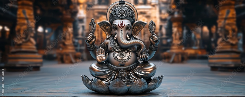 Ganesha with mechanical lotus base, gears and cogs intertwined, set in an industrial temple Ganesha with mechanical lotus base, gears and cogs intertwined, set in an industrial temple