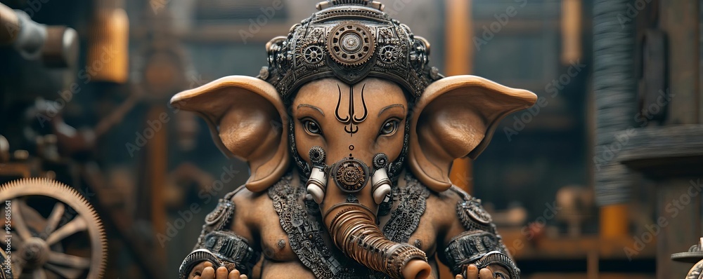 Ganesha with mechanical tusks, intricate gears, and cogs, set in a vintage workshop environment Ganesha with mechanical tusks, intricate gears, and cogs, set in a vintage workshop environment