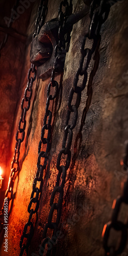 Rusted Chains Hanging in Spooky Dungeon photo