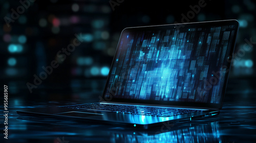 Ekran blokady laptopa z grafiką symbolizującą ochronę danych i cyberbezpieczeństwo. Abstrakcyjny design cyfrowy ukazuje dbałość o bezpieczeństwo w erze cyfrowej. photo