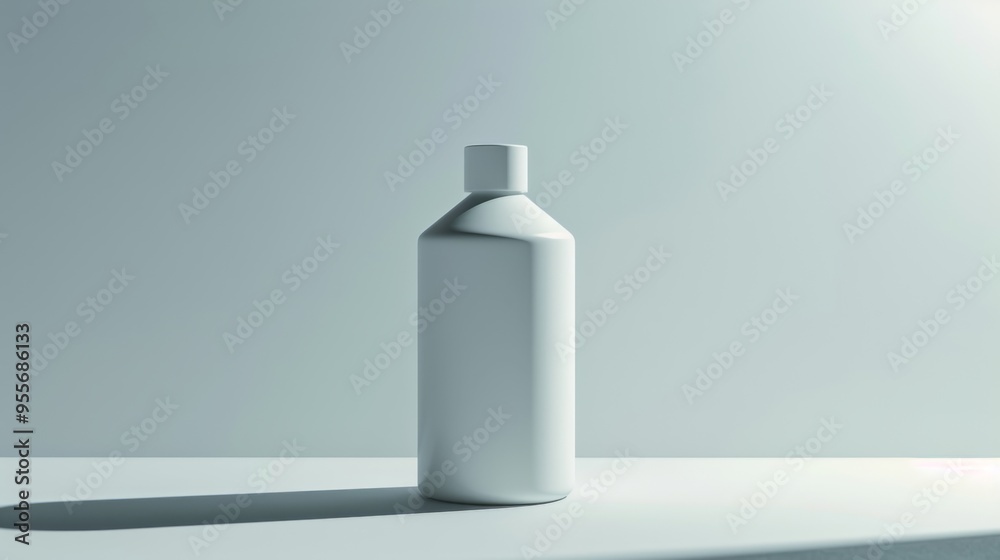 A white bottle with a simple, modern design is centrally placed on a smooth surface. The soft gray background enhances the minimalist aesthetic and highlights the object's clean lines A white bottle with a simple, modern design is centrally placed on a smooth surface. The soft gray background enhances the minimalist aesthetic and highlights the object's clean lines