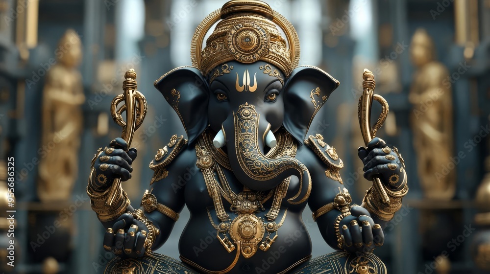 Fototapeta premium Ganesha with steampunk armor, brass gears, and mechanical detailing, set in an industrial temple
