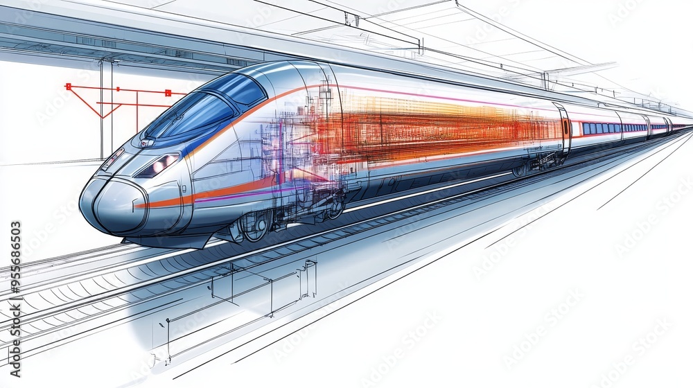 Fototapeta premium A technical drawing of a high-speed train with all components and aerodynamics highlighted