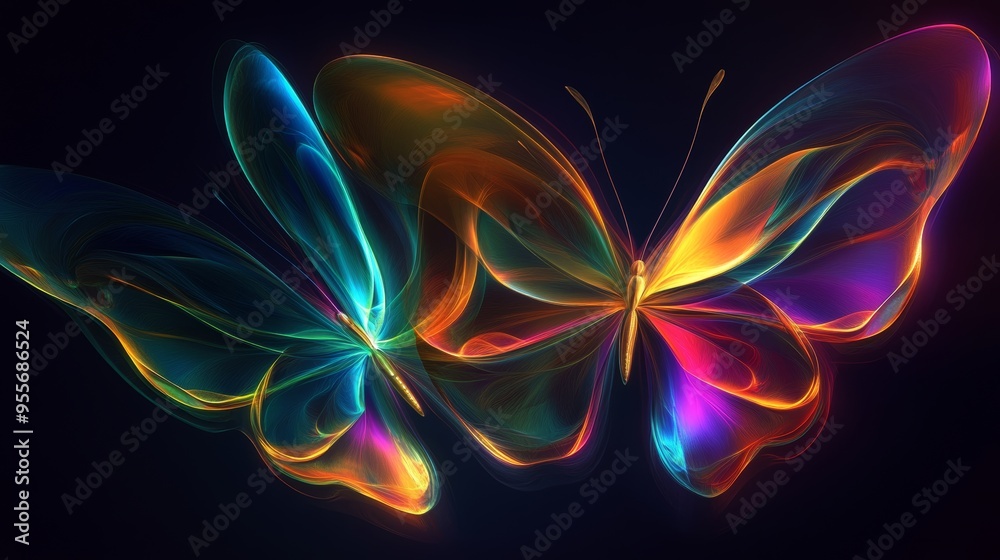 Abstract butterfly shapes in bright, iridescent colors on a dark background Abstract butterfly shapes in bright, iridescent colors on a dark background