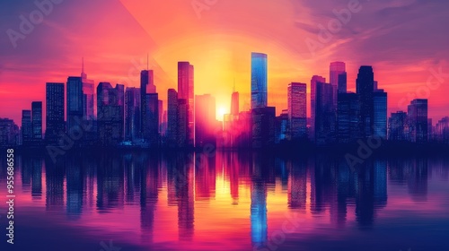 Vibrant sunset over a city skyline with colorful hues blending into the urban landscape