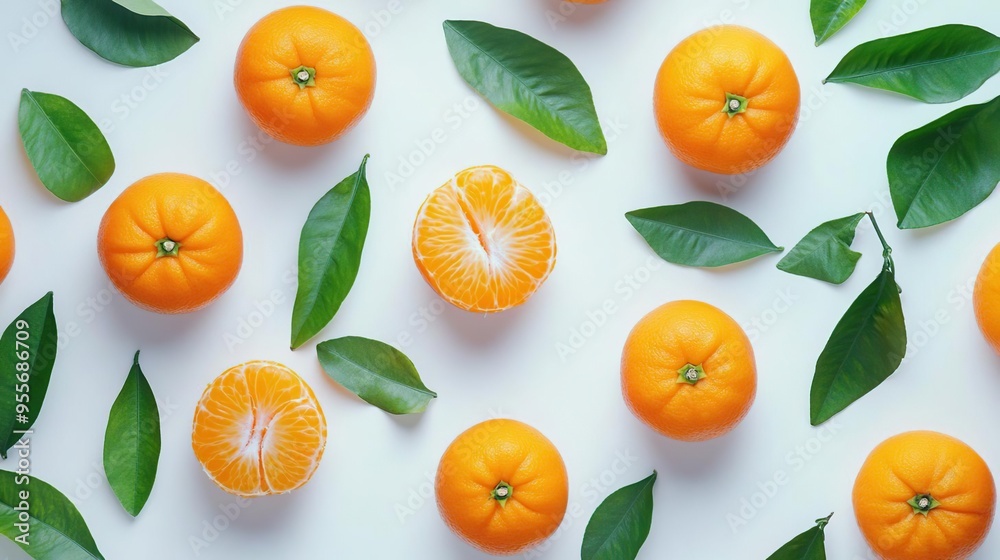 A vibrant arrangement of oranges and green leaves on a white background. A vibrant arrangement of oranges and green leaves on a white background.