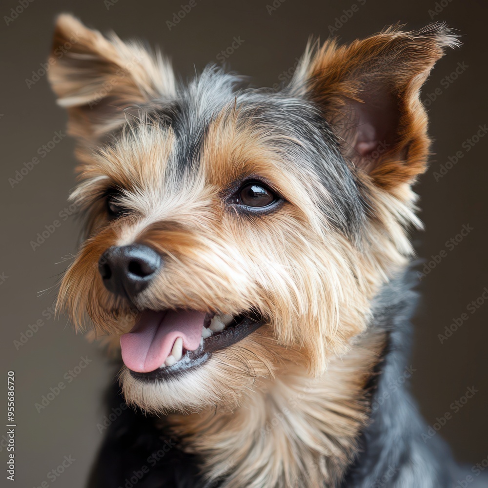 Happy small dog with fluffy ears smiling in indoor setting Happy small dog with fluffy ears smiling in indoor setting