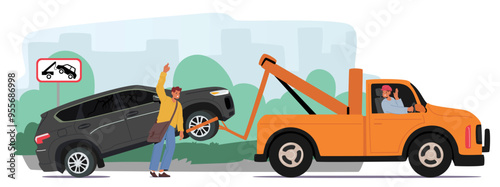 Tow Truck Towing A Car In An Urban Area. Scene Includes A Cautionary Road Sign, A Person Raising Their Hand And Greenery