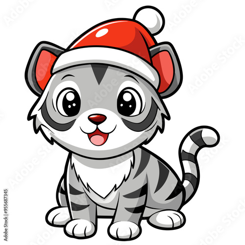 A cute baby tiger wearing a Santa Claus hat vector art illustration