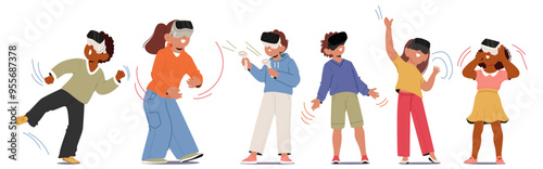 Group Of Diverse Kids Experiencing Fun And Excitement While Playing Games Using Vr Goggles. Image Depicts Children