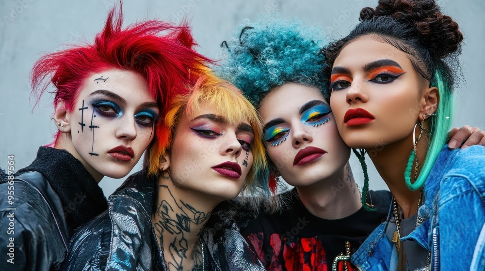 Fototapeta premium Friends pose confidently in bold streetwear, expressing individuality with colorful hairstyles and striking makeup in an urban backdrop