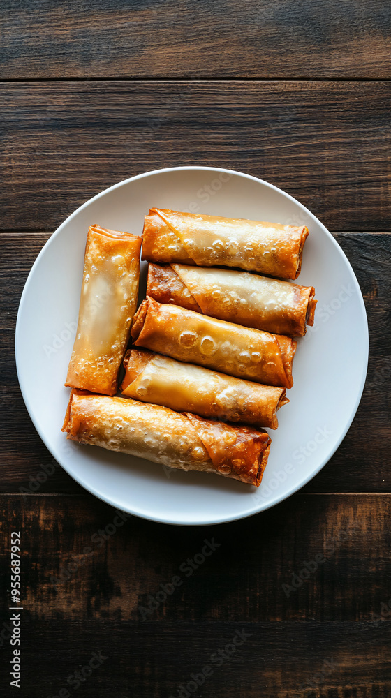 Six crispy fried spring rolls are neatly arranged on a white plate, resting on a dark wooden table Six crispy fried spring rolls are neatly arranged on a white plate, resting on a dark wooden table