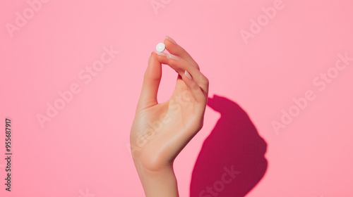 woman hand holding vitamin supplement branding white pill nutritional pharmaceutical health on bright background nature shadow sunlight studio product photography
