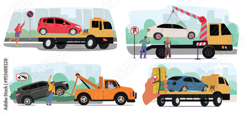 Tow Trucks Towing Cars In Different Scenarios Feature Scenes With Tow Trucks Lifting And Transporting Vehicles