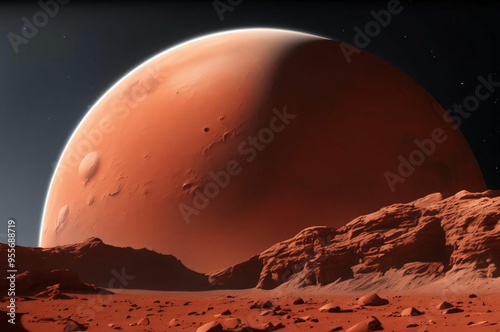 Sunset desert terrain landscape on unknown alient planet. Mars planet landscape surface galaxy space future view scene. Landscape of the red planet Mars. Saturn on starry sky. Red desert  photo