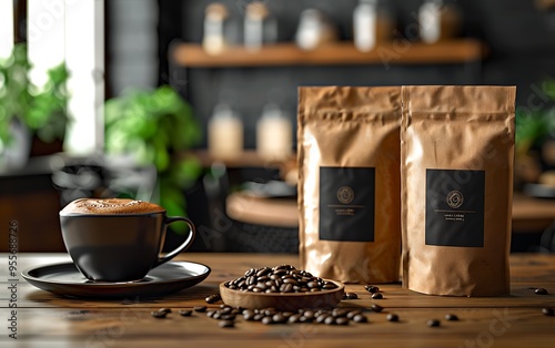 A cup of coffee with coffee beans and two coffee bags on a wooden table in a cafe. photo