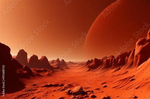 Sunset desert terrain landscape on unknown alient planet. Mars planet landscape surface galaxy space future view scene. Landscape of the red planet Mars. Saturn on starry sky. Red desert 