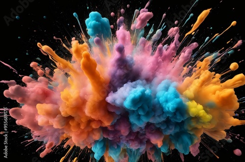 Splash of colorful liquid paint splashes isolated on black background. Ink colorful spray on the black background. Abstract watercolor background 