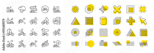 Mountain bike, Travel bicycle and Electric transport set. Design shape elements. Bicycle line icons. City delivery, safety helmet and rent a bike line icons. Vector