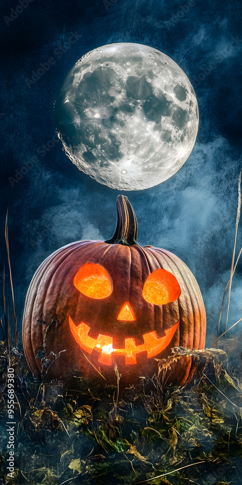 Grinning pumpkin glowing under a full moon