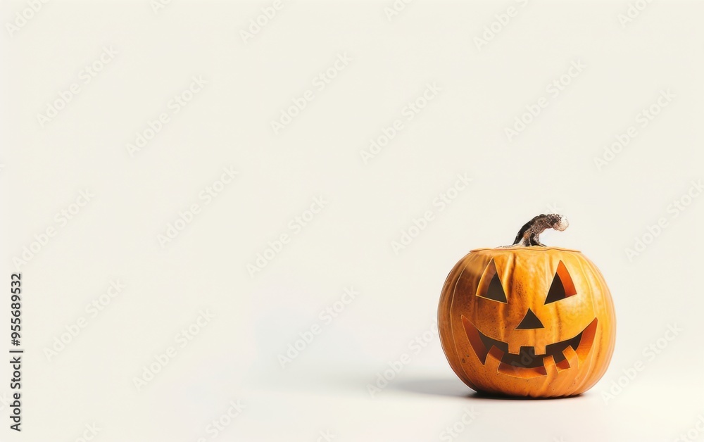 Plain Jack-o-lantern with subtle expression showcased on a white backdrop with ample space for text or design in an autumn setting Plain Jack-o-lantern with subtle expression showcased on a white backdrop with ample space for text or design in an autumn setting