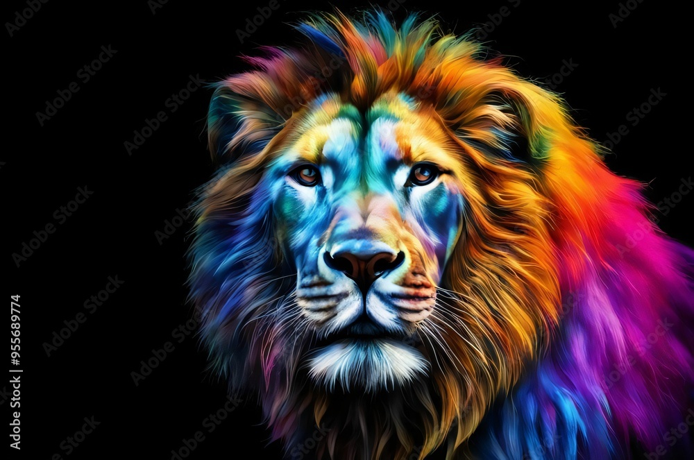 Lion in a splash explosion of colors, variegated paint burst. Vibrant lion head with smoke colorful paint splatter on dark background Lion in a splash explosion of colors, variegated paint burst. Vibrant lion head with smoke colorful paint splatter on dark background