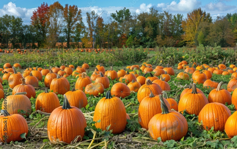 Colorful pumpkin patch filled with diverse pumpkins ready for harvest in late autumn Colorful pumpkin patch filled with diverse pumpkins ready for harvest in late autumn