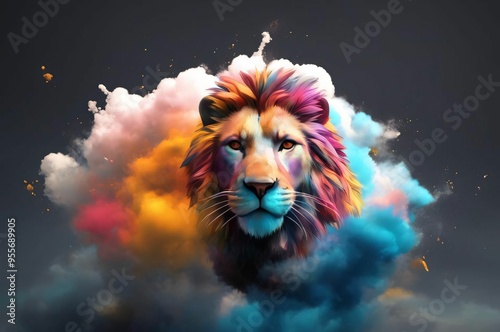 Lion in a splash explosion of colors, variegated paint burst. Vibrant lion head with smoke colorful paint splatter on dark background photo