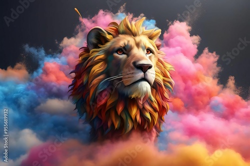 Lion in a splash explosion of colors, variegated paint burst. Vibrant lion head with smoke colorful paint splatter on dark background photo