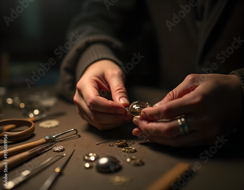 Close-Up of Hands Crafting Handmade Jewelry with Tools and Materials in Warm, Intimate Lighting