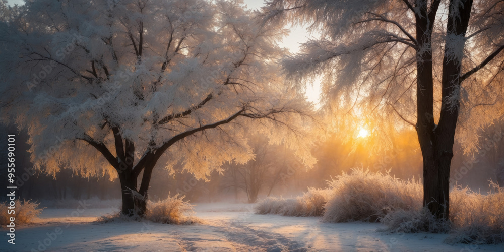 frosty morning in the forest , bright sunlight in the morning in the park in winter, winter frost on the trees frosty morning in the forest , bright sunlight in the morning in the park in winter, winter frost on the trees