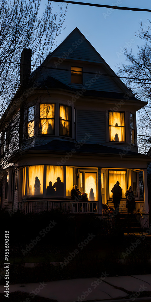 Haunted house with ghostly silhouettes in windows Haunted house with ghostly silhouettes in windows